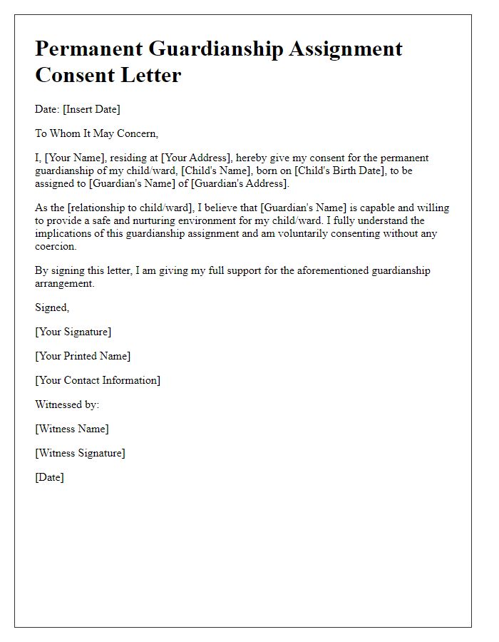 Letter template of permanent guardianship assignment consent.