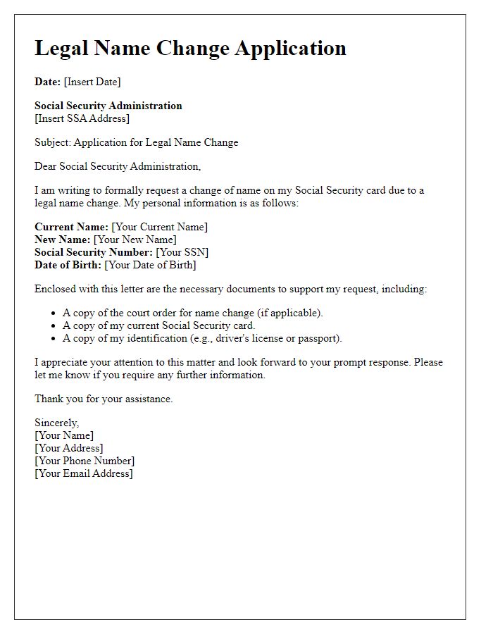 Letter template of legal name change application for social security