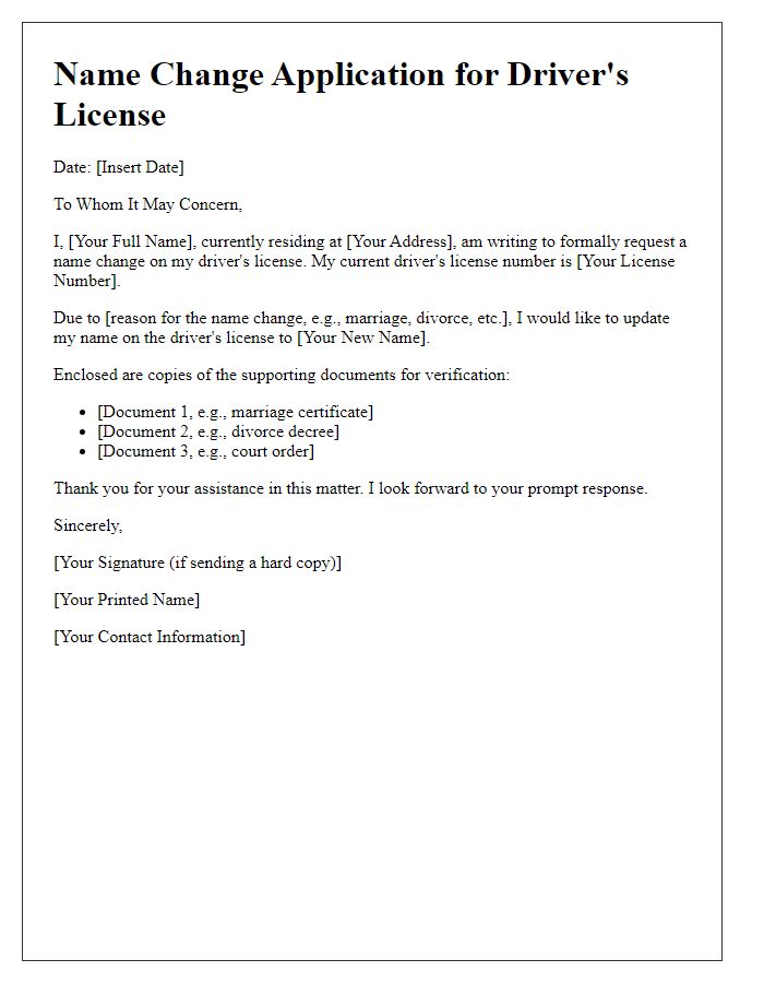 Letter template of name change application for driver's license