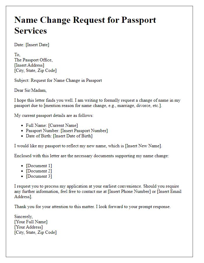 Letter template of name change request for passport services