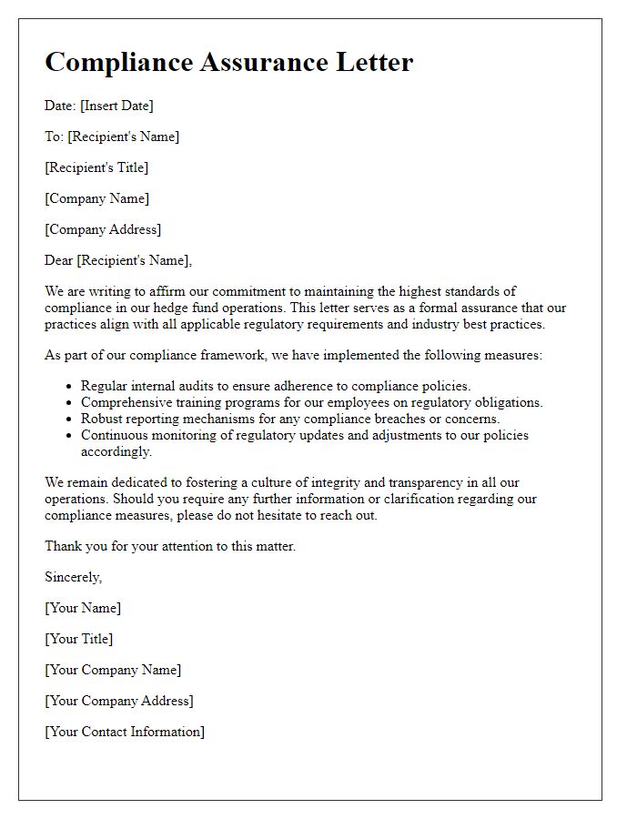 Letter template of compliance assurance for hedge fund operations.