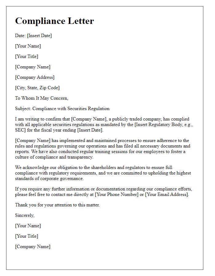 Letter template of compliance with securities regulation for publicly traded companies.