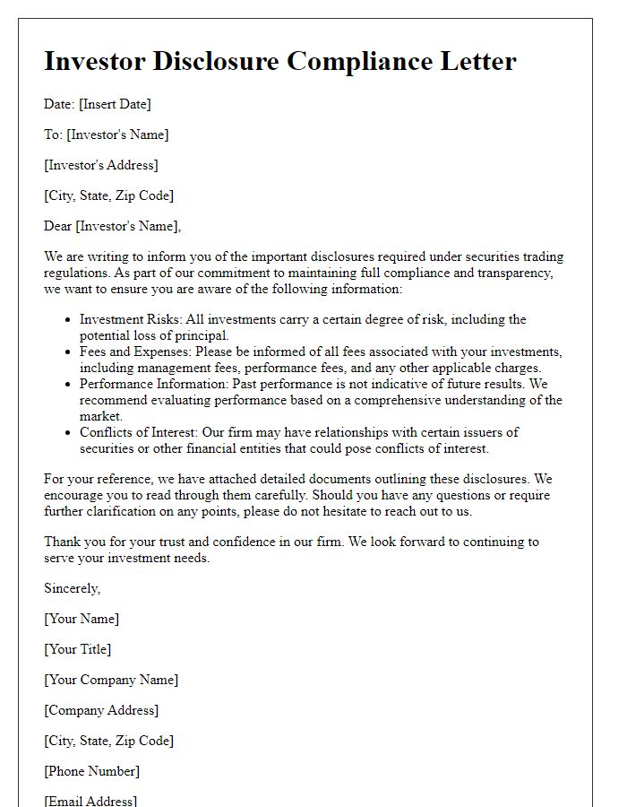 Letter template of investor disclosure compliance in securities trading.