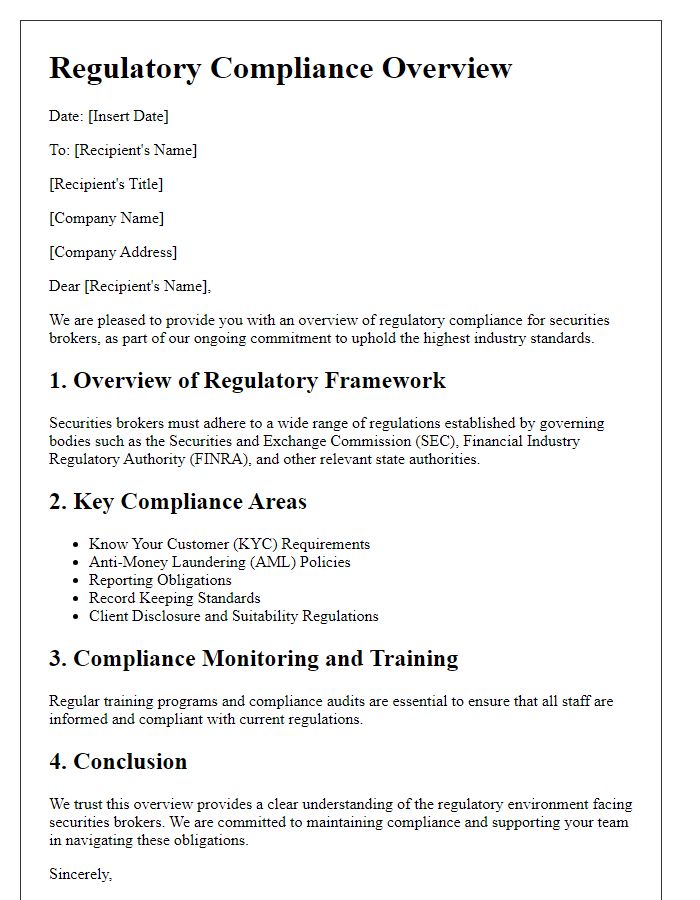 Letter template of regulatory compliance overview for securities brokers.