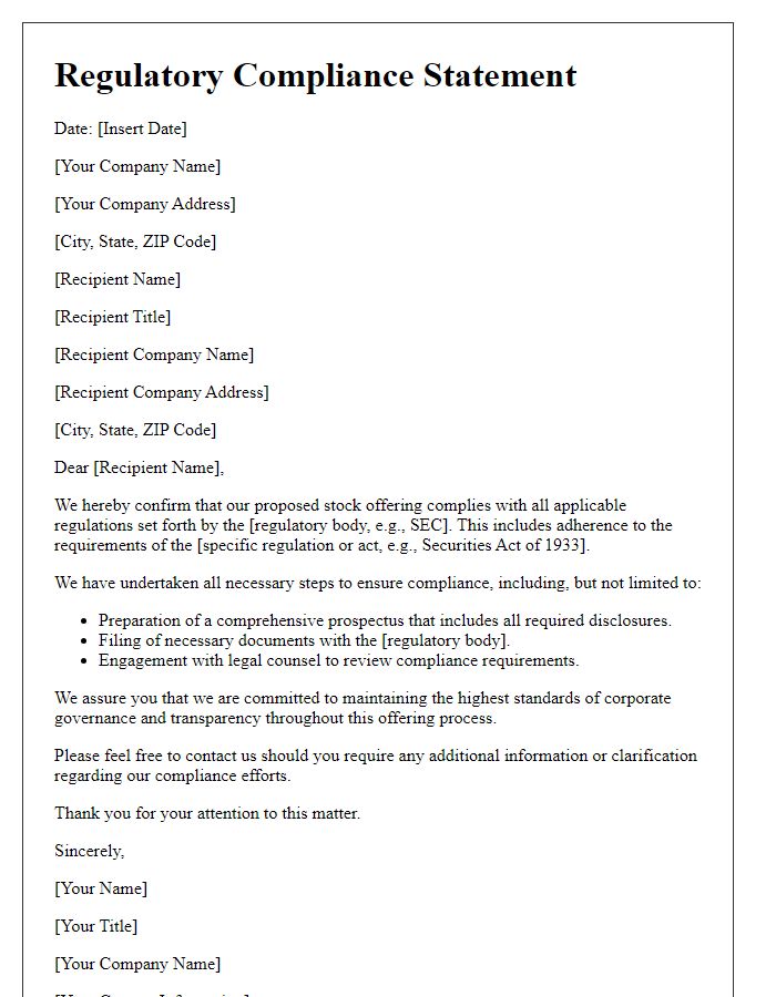 Letter template of regulatory compliance statement for stock offerings.