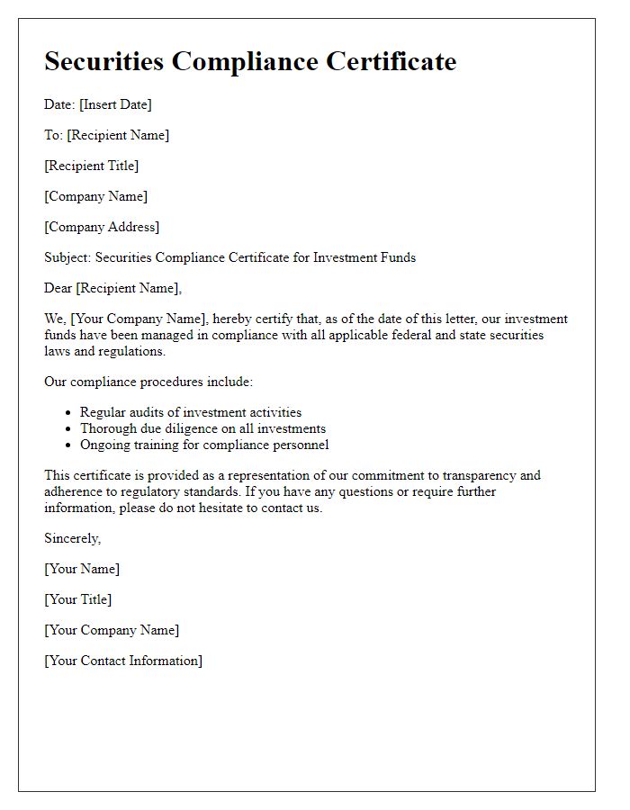 Letter template of securities compliance certificate for investment funds.