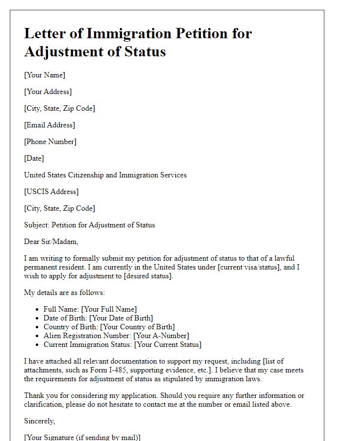 Letter template of immigration petition for adjustment of status.