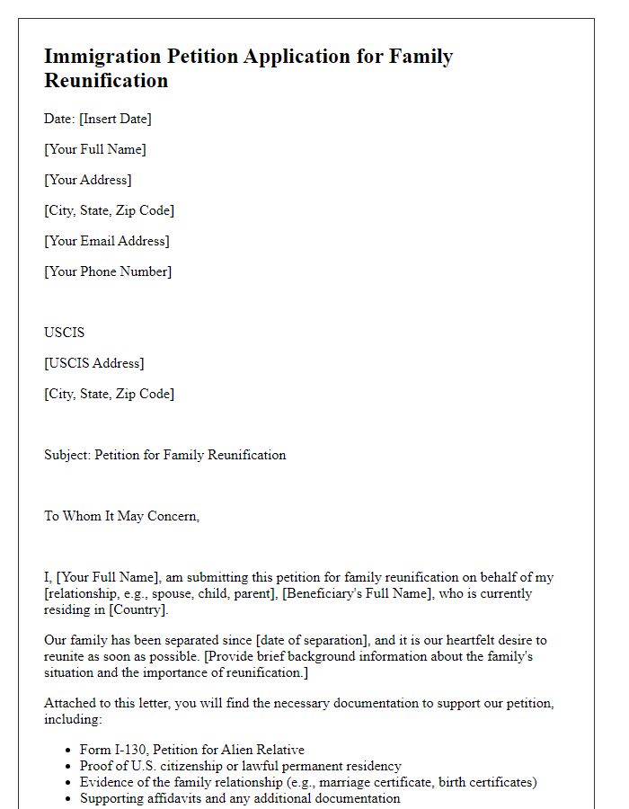 Letter template of immigration petition application for family reunification.