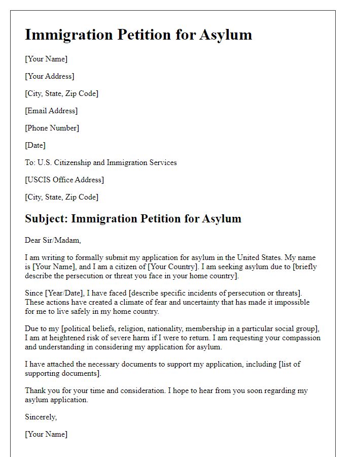 Letter template of immigration petition for asylum application.