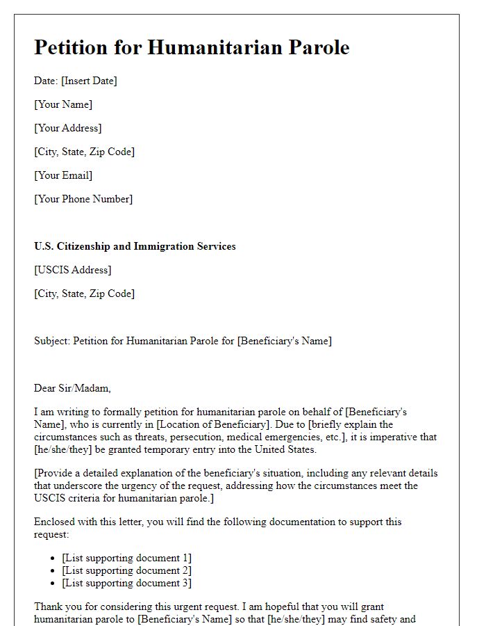 Letter template of immigration petition for humanitarian parole.