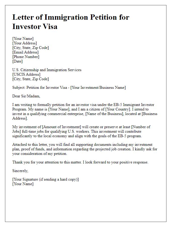 Letter template of immigration petition for investor visa.