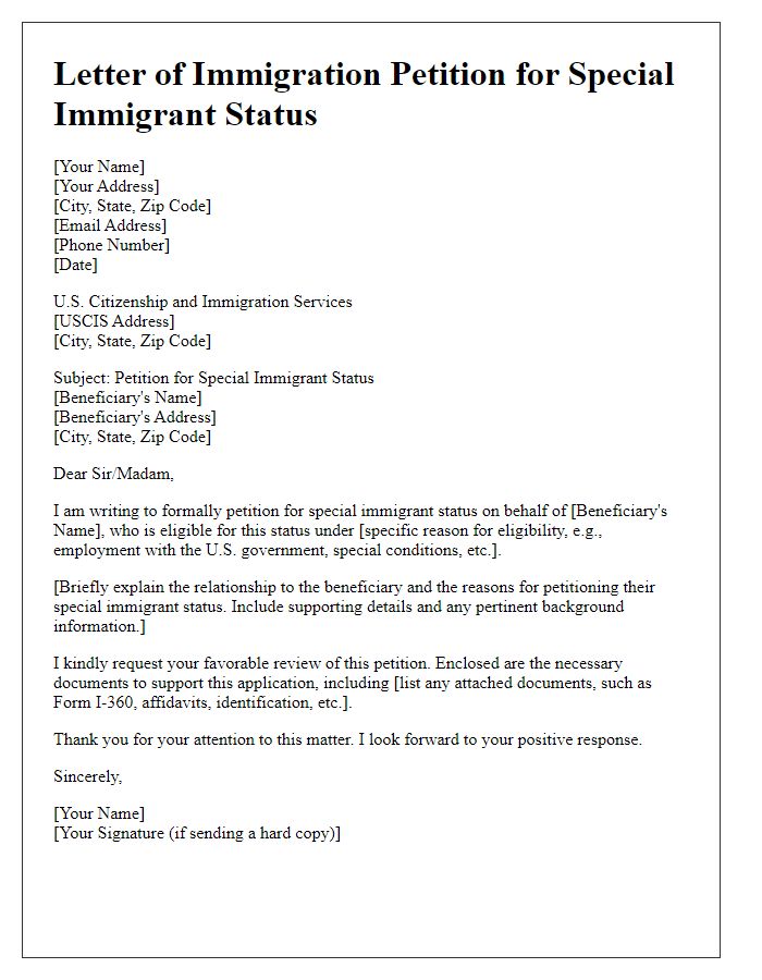 Letter template of immigration petition for special immigrant status.