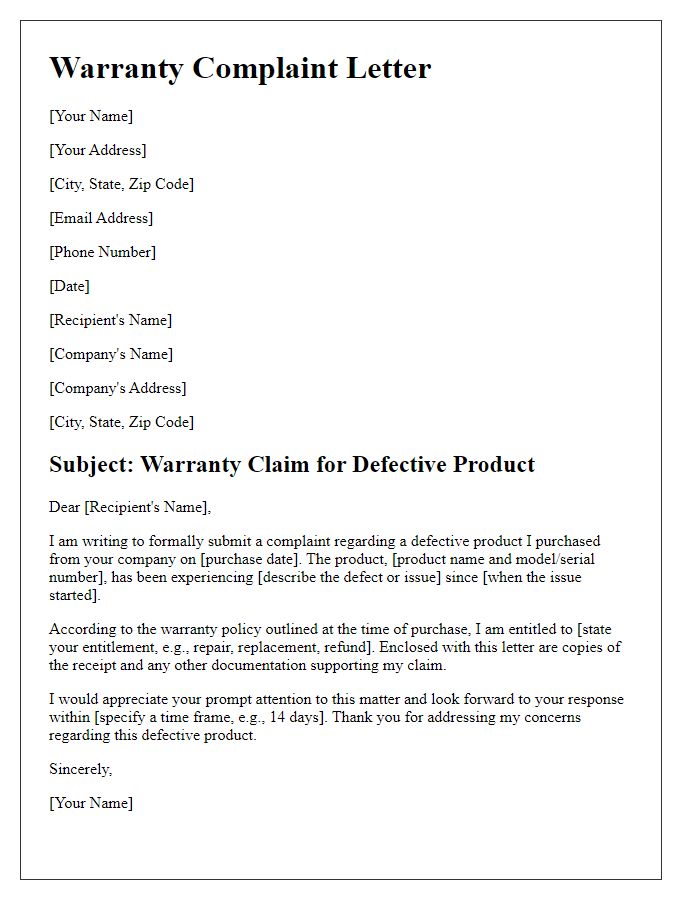 Letter template of defective product warranty complaint