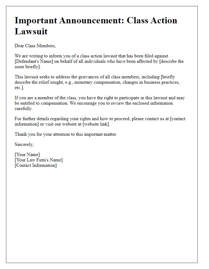 Letter template of class action lawsuit announcement to class members