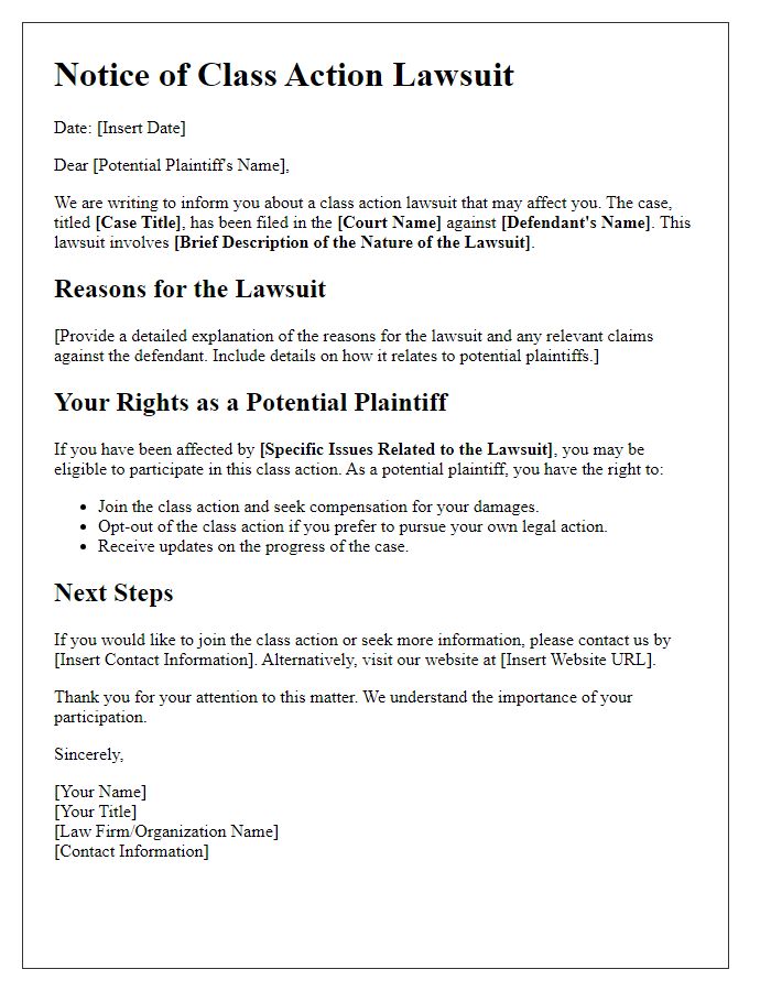 Letter template of class action lawsuit details for potential plaintiffs