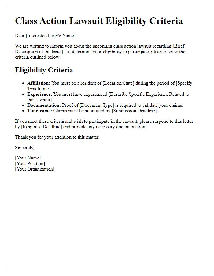 Letter template of class action lawsuit eligibility criteria for interested parties