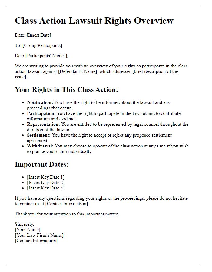 Letter template of class action lawsuit rights overview for group participants