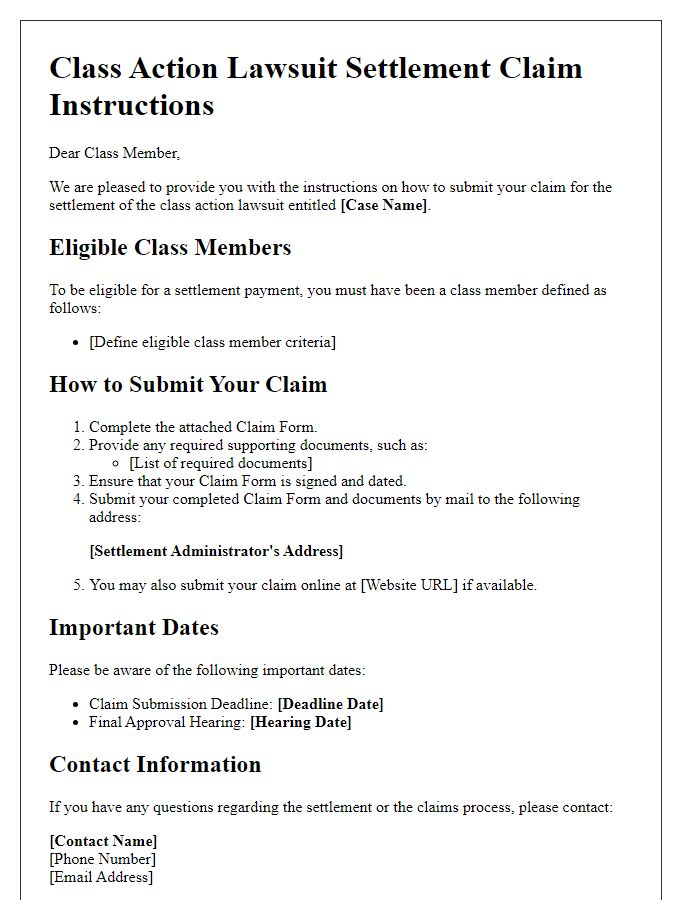 Letter template of class action lawsuit settlement claim instructions for members