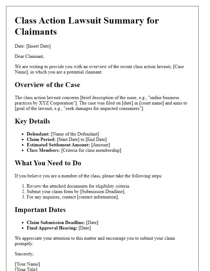 Letter template of class action lawsuit summary for claimants