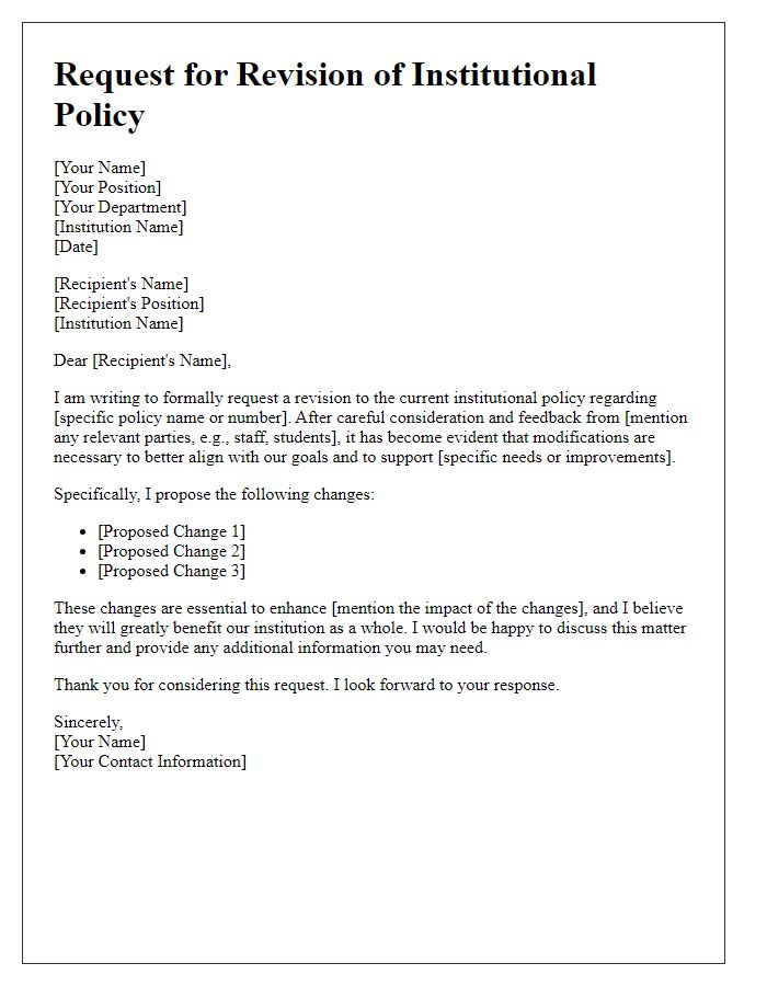 Letter template of formal request for institutional policy revision