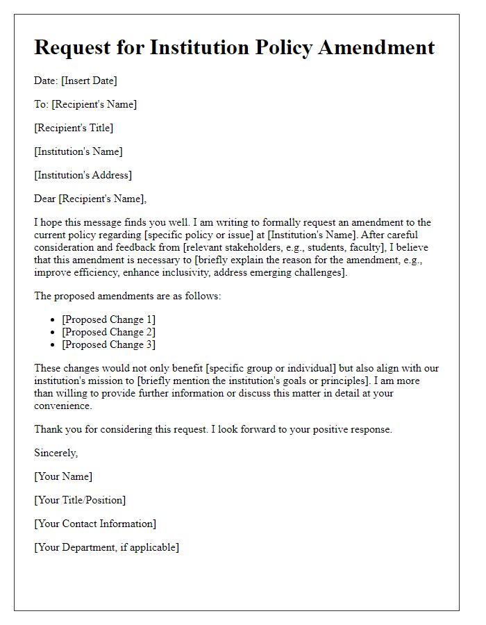 Letter template of request for institution policy amendment