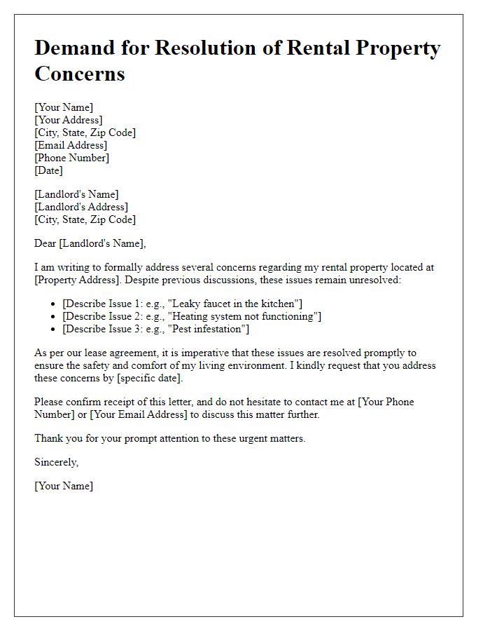 Letter template of demand for resolution of rental property concerns.