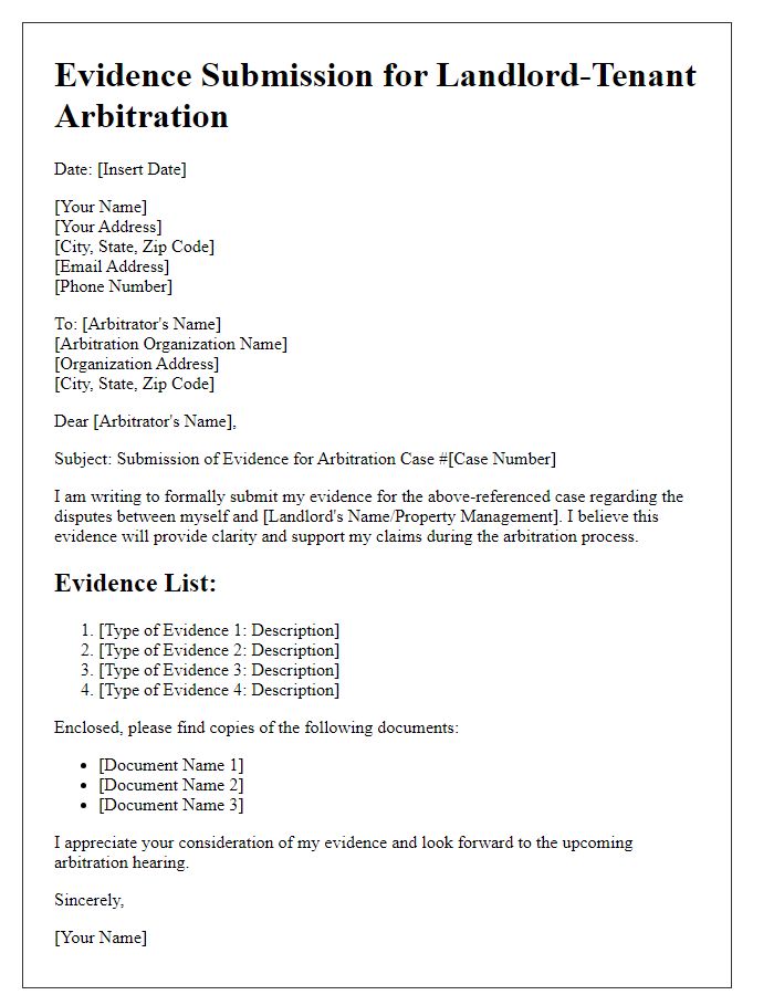 Letter template of evidence submission for landlord-tenant arbitration.