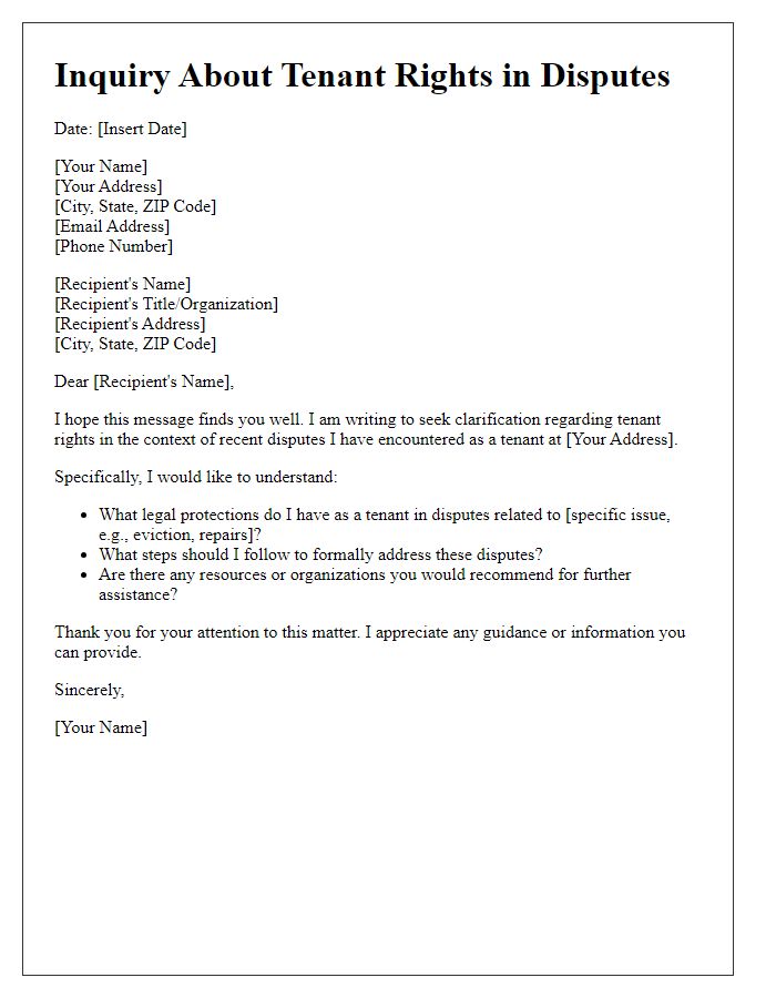 Letter template of inquiry about tenant rights in disputes.