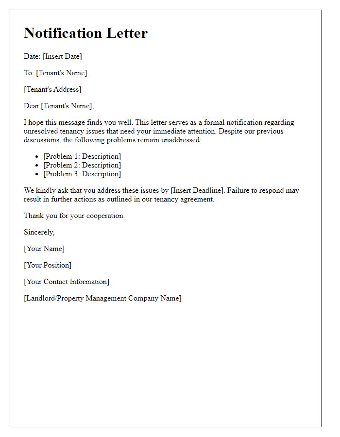 Letter template of notification to address unresolved tenancy problems.