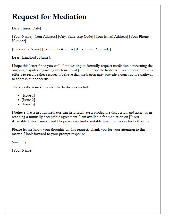 Letter template of request for mediation in landlord-tenant disputes.