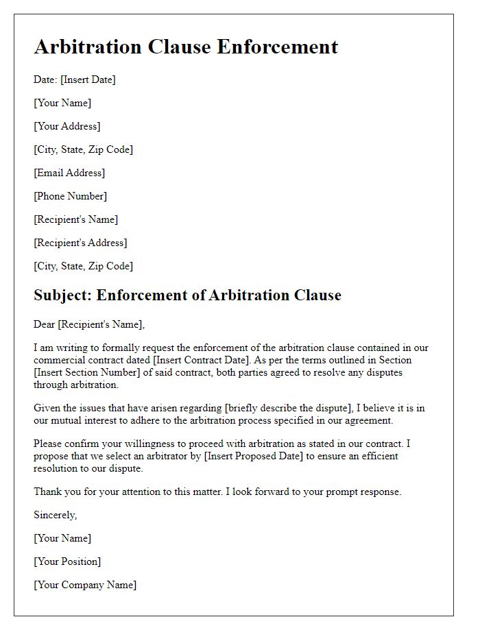 Letter template of arbitration clause enforcement for commercial contracts.