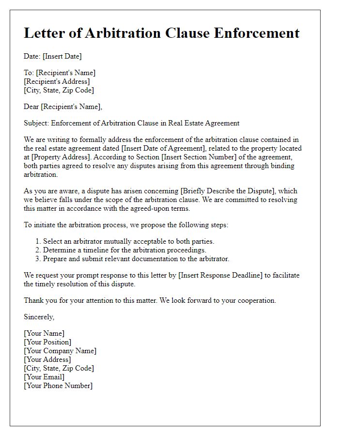 Letter template of arbitration clause enforcement in real estate agreements.