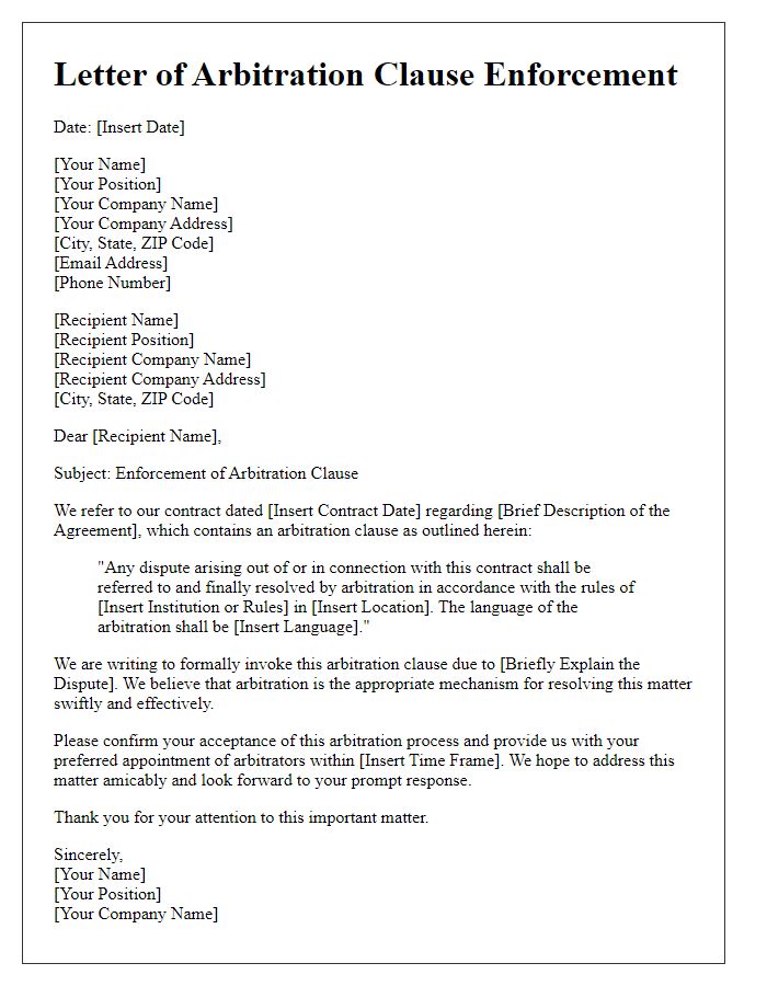 Letter template of arbitration clause enforcement for international trade disputes.