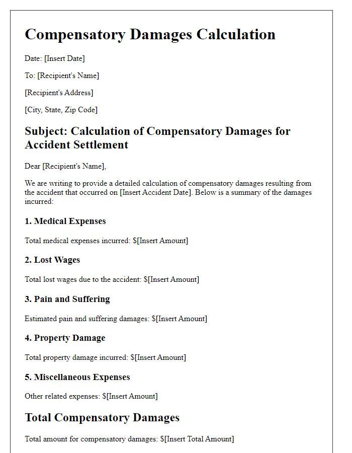 Letter template of compensatory damages calculation for accident settlements