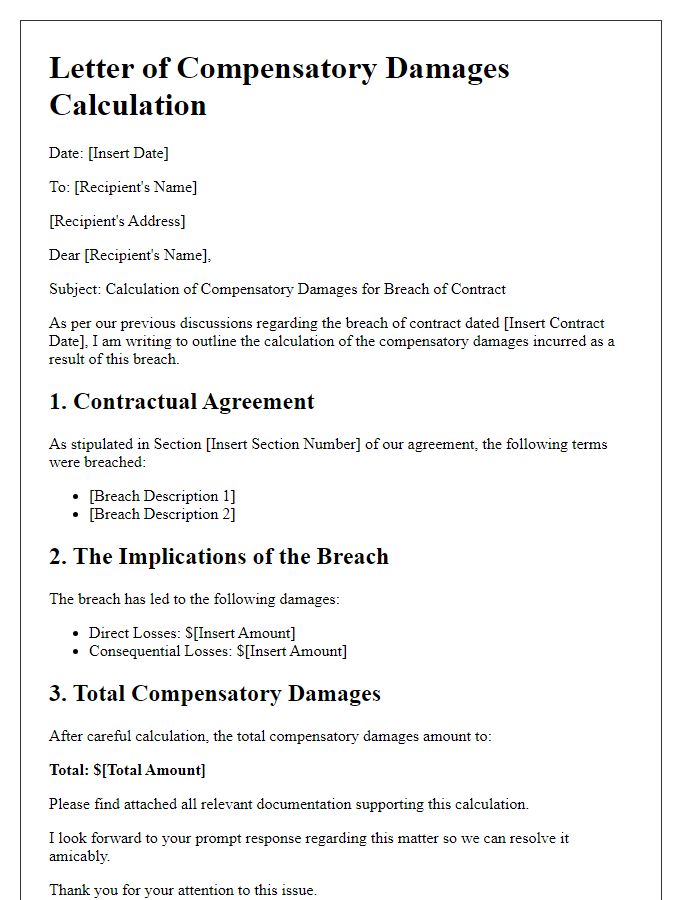 Letter template of compensatory damages calculation for breach of contract disputes