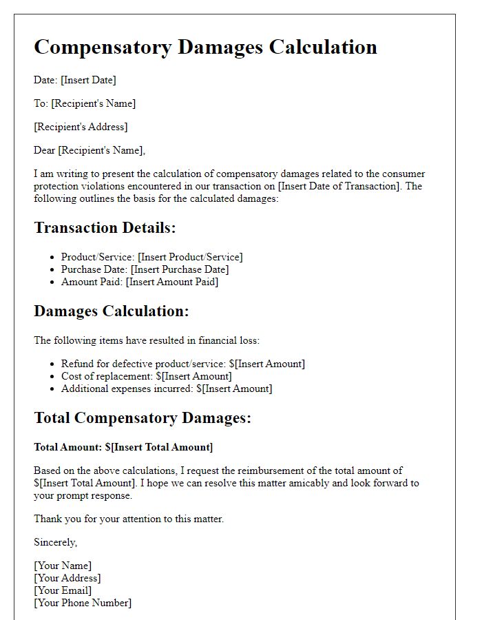 Letter template of compensatory damages calculation for consumer protection violations