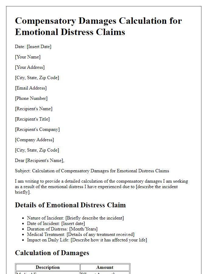 Letter template of compensatory damages calculation for emotional distress claims