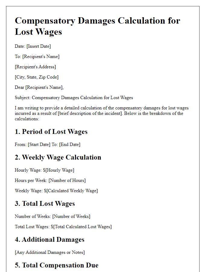 Letter template of compensatory damages calculation for lost wages calculations