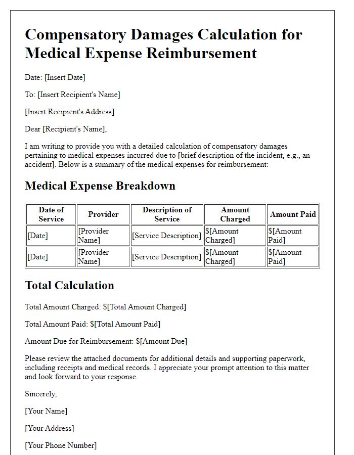 Letter template of compensatory damages calculation for medical expense reimbursement