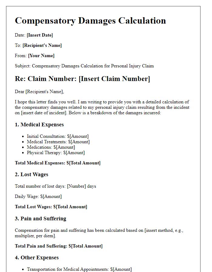 Letter template of compensatory damages calculation for personal injury claims