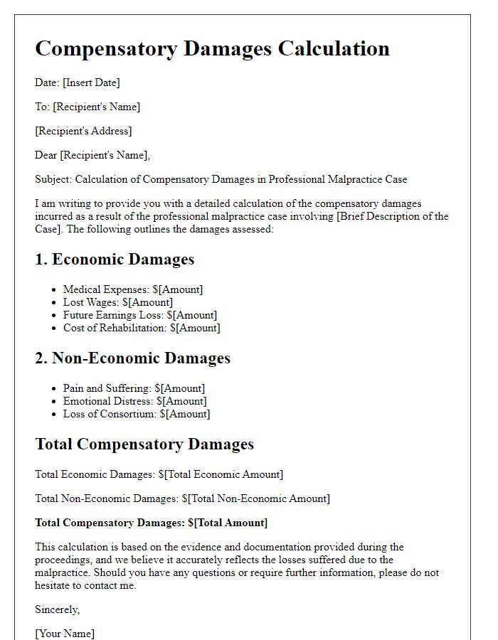 Letter template of compensatory damages calculation for professional malpractice cases