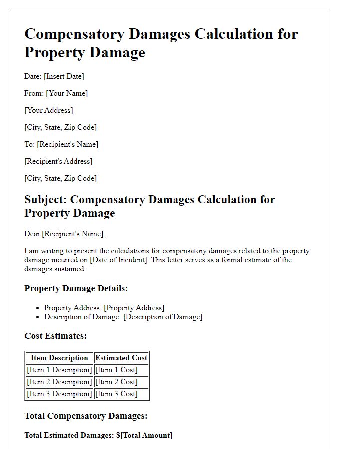 Letter template of compensatory damages calculation for property damage estimates