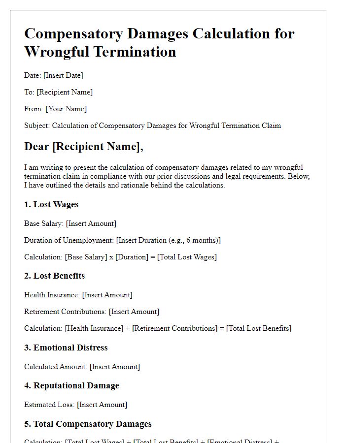 Letter template of compensatory damages calculation for wrongful termination claims