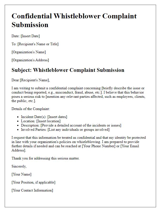 Letter template of confidential whistleblower complaint submission