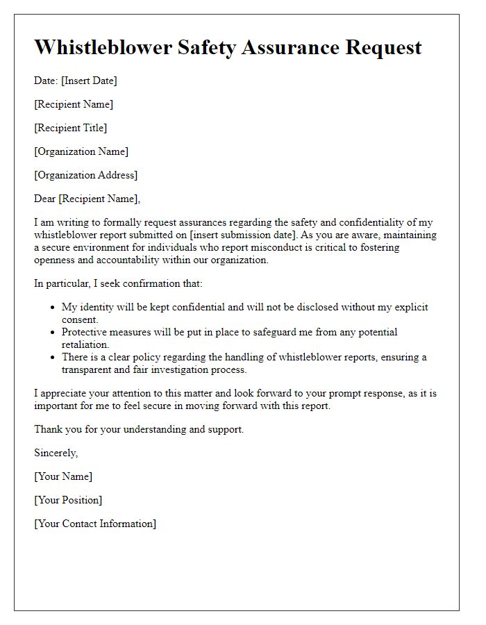 Letter template of whistleblower safety assurance request