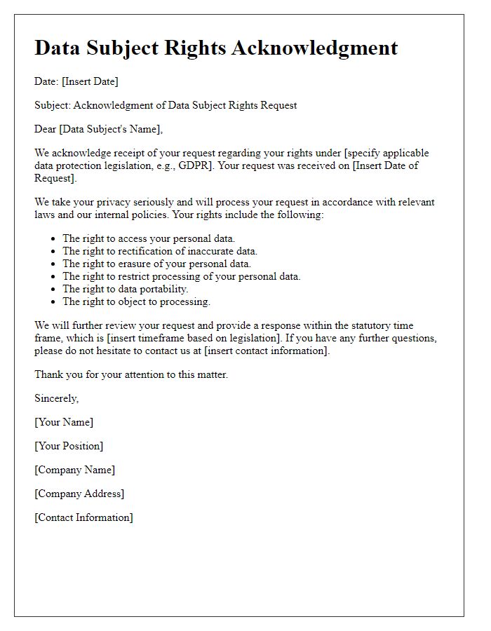 Letter template of data subject rights acknowledgment