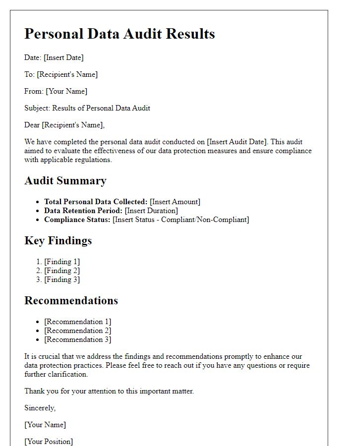 Letter template of personal data audit results communication