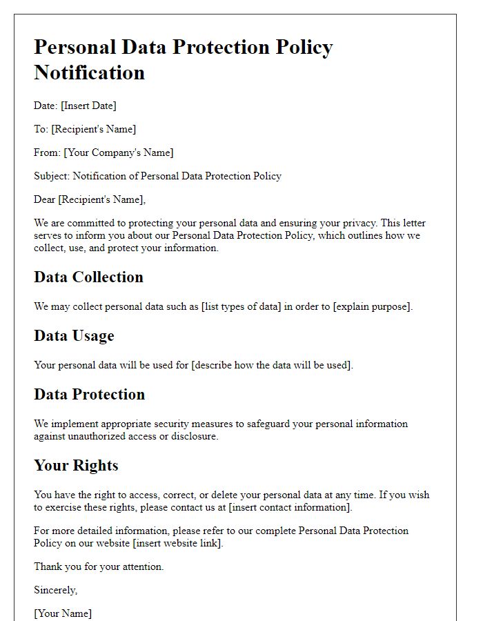 Letter template of personal data protection policy notification