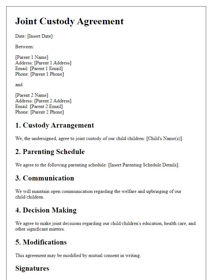 Letter template of joint custody agreement for parenting support.