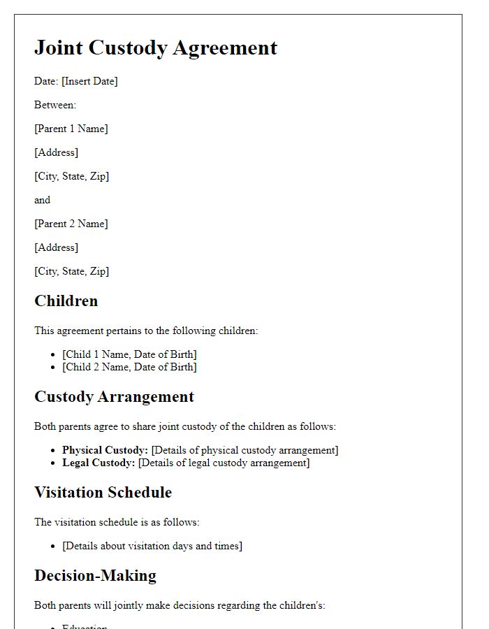 Letter template of joint custody agreement for separated partners.